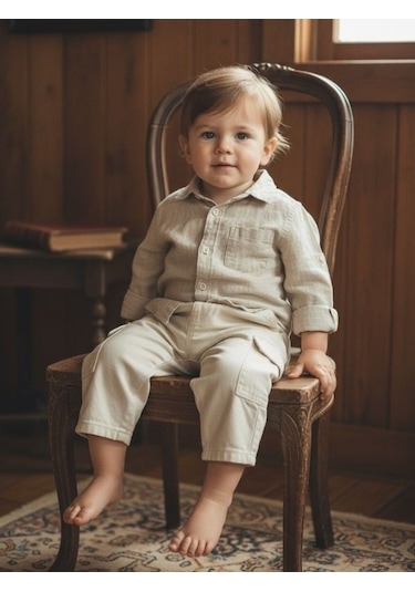 Zekids Erkek Bebek Rahat Kesim Cepli Pantolon-17196 Krem