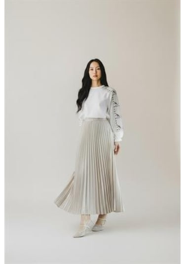 Pileli Pamuklu Dokuma Viskon Kışlık Etek 95 Cm - 38-48 Ekru