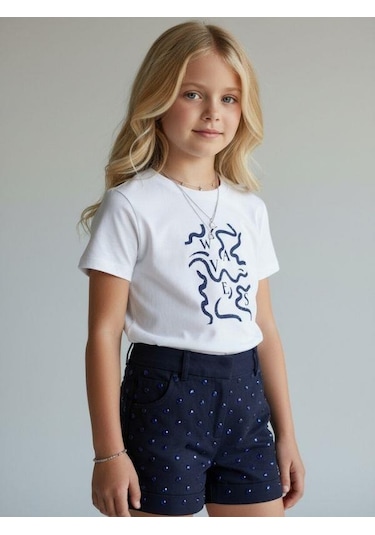Zekids Kız Çocuk Soyut Baskılı Basic T-shirt-16972 Renkli