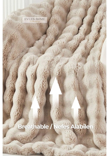 Kürk Yatak Örtüsü Çift Kişilik Dolgulu Peluş Yumuşak Çift Taraflı Yorgan 3 Parça Loria Bej Bej