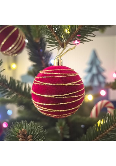 Yılbaşı Topu 10cm Kadife Bordo Altın Şeritli 3lü Ast7449 001