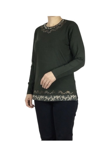 Kadın Yaka Ve Etek Desenli Taşlı Likralı Bluz-arpbattal2 Haki