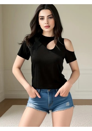 Ahes Shopping Kadın Kısa Kollu Tek Omuzu Açık Damla Detaylı Viskon Bluz Siyah