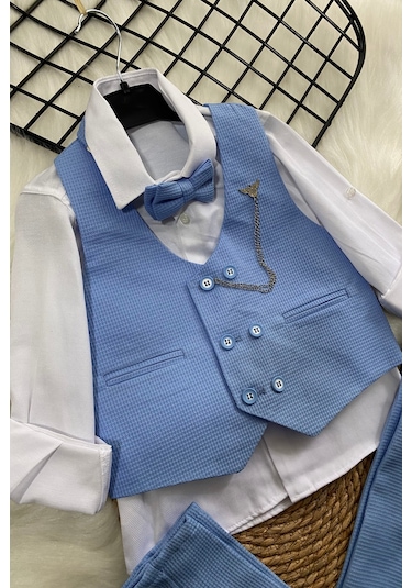 Matrix Yelekli Zincirli Erkek Çocuk Takım Elbise Bebe Mavi Bebek Mavisi