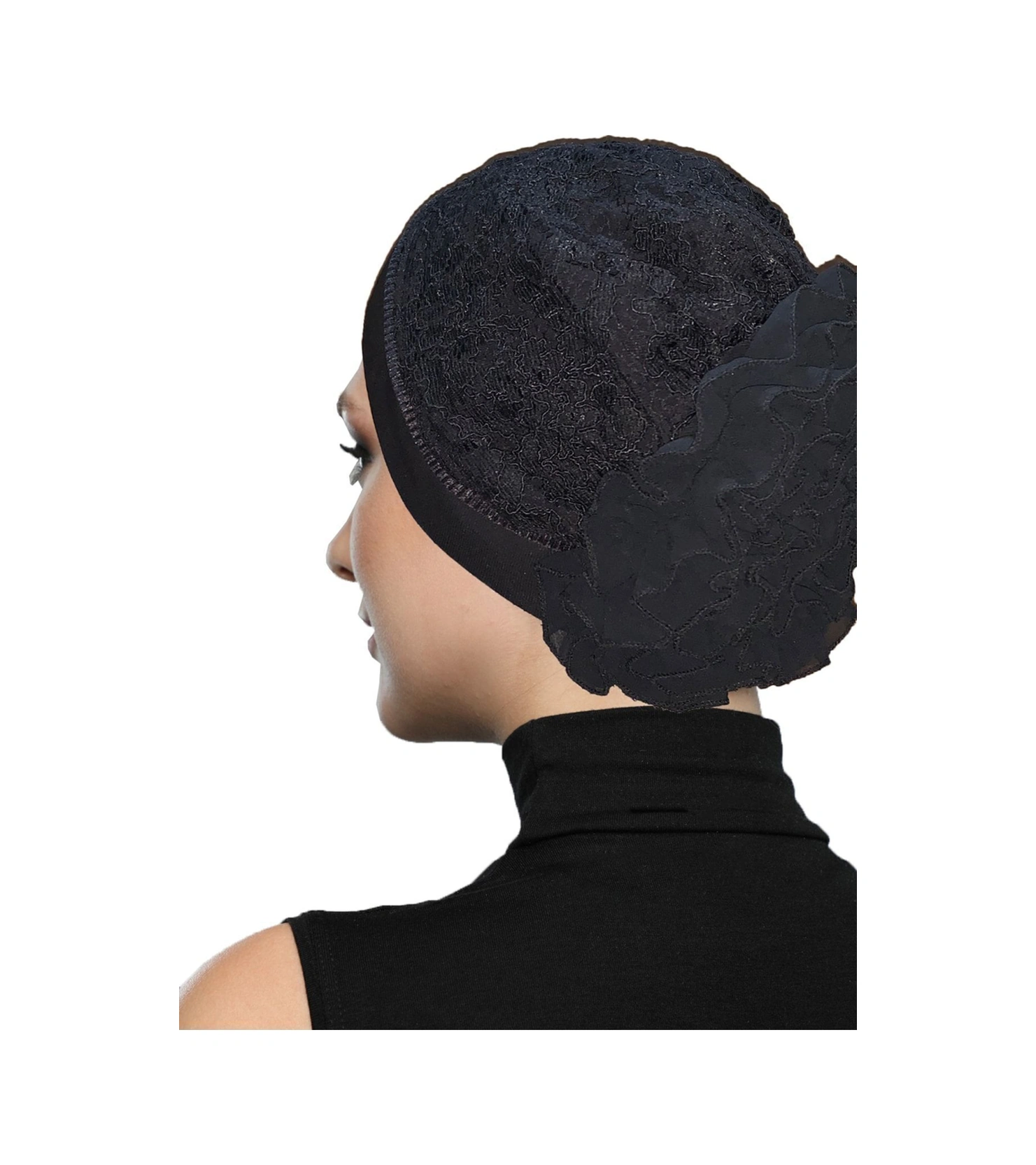 Kordoneli Arkası Fırfırlı Önü Plise Biyeli Siyah Hazır Türban Tesettür Bone Siyah