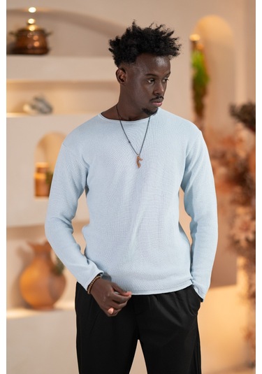 Regular Fit Likralı Kendinden Çizgili Mevsimlik Spor Kazak Mavi