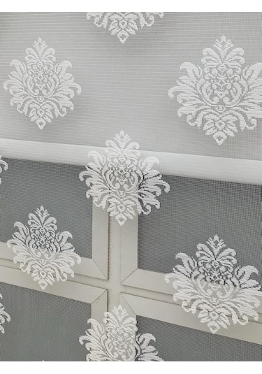 Ekru Renk Damaks Ve Osmanlı Desenli Çiftli Tül Stor Perde