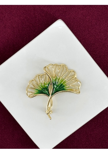 Yeşil Tonlarında İki Yapraklı Gold Broş Gold