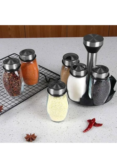 Kompakt Cam Ve Paslanmaz Çelik Baharat Kavanozu Seti Döner Raflı - Düzenli Mutfak Depolama İçin 7 Kavanoz Beyaz