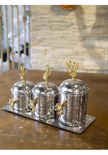 3'lü Çiçekli Baharatlık Takımı Gümüş