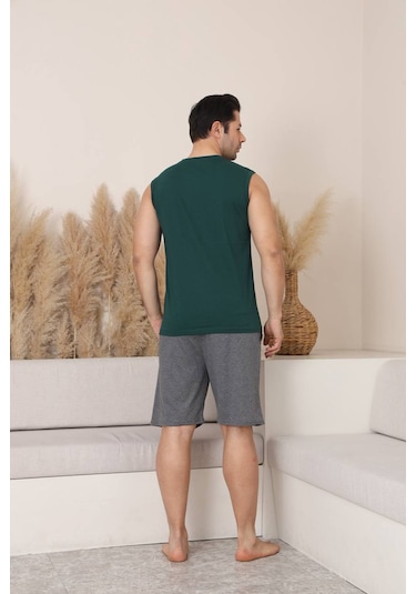 Seboteks %100 Pamuklu Kolsuz Cepli Erkek Şortlu Pijama Takımı 2011 Haki