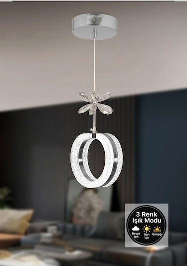 Aurea Model Gümüş 3 Renk Modu Ledli Kristal Taşlı Modern Salon Mutfak Oturma Odası Sarkıt Led Avize Gümüş