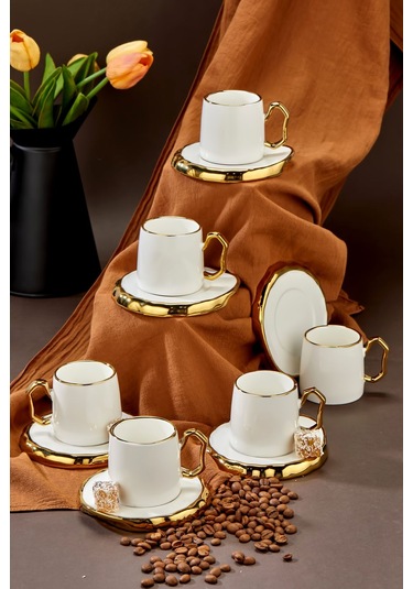 Carmen 6 Kişilik Porselen Gold Detaylı Çay Fincan Takımı Beyaz