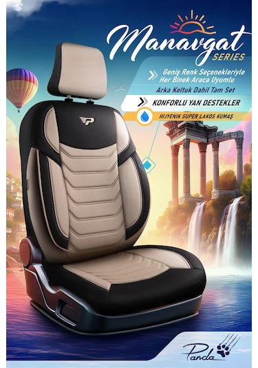 Bej - Siyah Panda Manavgat Serısı Lakos Kumaş Oto Koltuk Kılıfı - Tam Set
