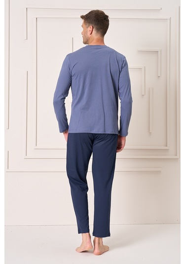 Erkek Pamuk Uzun Kol Pijama Takımı 4103 İndigo İndigo