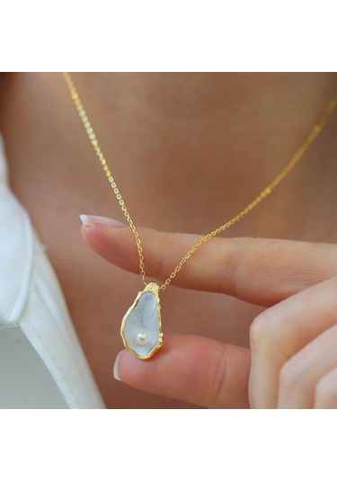 İstiridye İncili Damla Gold Gümüş Set Gümüş