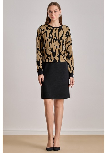 Diz Boy Çok Renkli Jakarlı Elbise Çok Renkli