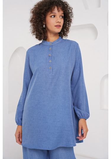 Bigdart 6678 Keten Tunik Pantolon İkili Takım - İndigo