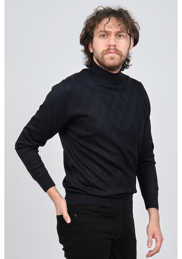 Pave Erkek Yarım Balıkçı Desenli Yün Kazak 4537210 Lacivert Lacivert