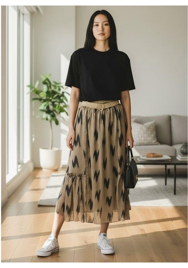 Şifon Lastikli Etek 95 Cm - 38-50 Vizon