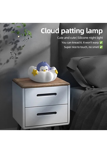 Aubyhe Qqfamily Bulut Şekilli Silikon Gece Lambası, Led Işık, Dokunmatik Kapatma, Mikro Usb Şarj, Yumuşak Aydınlatma, Peluş Berber Ve Penguen Figürleriyle Hediye, Beyaz-mor Çok Renkli