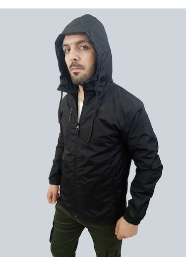Erkek Kapüşonlu File Detaylı Siyah Yağmurluk Siyah