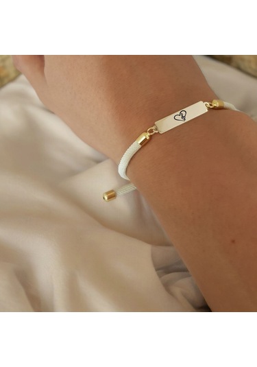 Archin Müzik Sevgisi Temalı Dikdörtgen Figürlü Beyaz Örgülü 14 Ayar Altın Plakalı Hediye Bileklik-413sembol Müzik Sevgisi