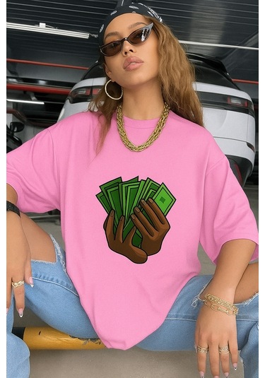 Unisex Siyah Oversize Baskılı Tshirt Pembe