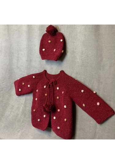 Uretti - Yıldız 7202 - El Örgüsü Bordo Hırka - Şapka İkili Bebek Takımı - 1/2 Yaş Bordo