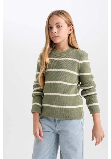 DeFacto Kız Çocuk Fitted Bisiklet Yaka Triko Kazak D1392A824WNKH488 Haki