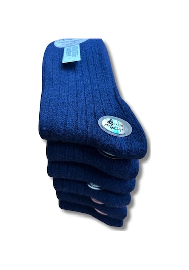 Erkek Saf Yün Kışlık Orta Kalınlıkta Dikişsiz 6 Çift Kendinden Çizgili Çorap Lacivert Gri