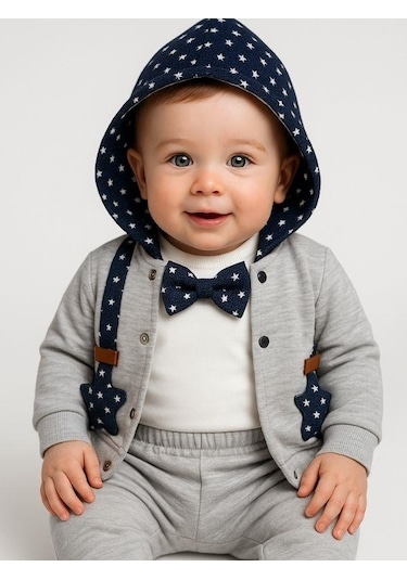 Erkek Bebek Papyonlu Hırkalı 3'lü Eşofman Takımı-16286 Gri