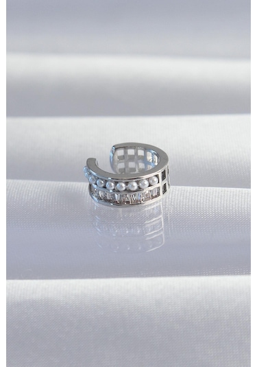 Pirinç Gümüş Renk İncili Baget Taşlı Earcuff Küpe Gold