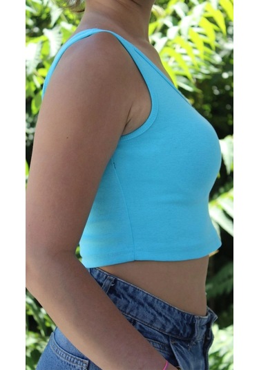 Afri Kadın Mavi Basic Ribana Atlet Crop Likralı Spor Üst Mavi