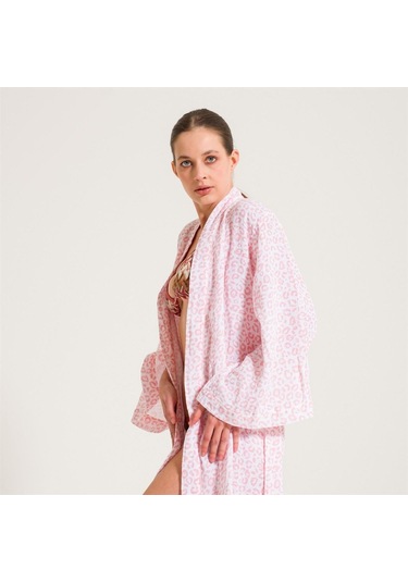 Leopar Desen Müslin Kadın Sabahlık-Açık Pembe