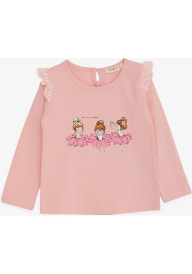 Breeze Kız Bebek Uzun Kollu Tişört Danscı Kız Baskılı Güpürlü 9 Ay-3 Yaş, Pudra-pudra Pudra