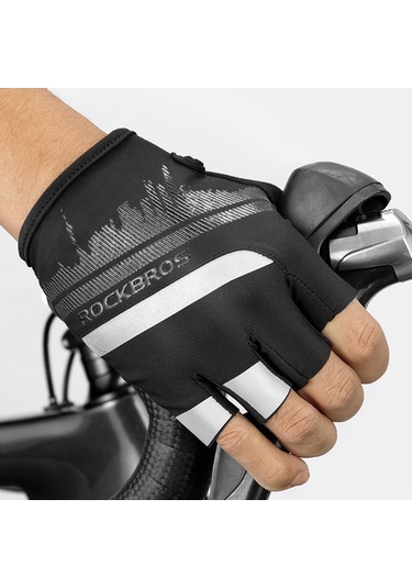 Rockbros S247 1 Çift Yarım Parmak Bisiklet Sürme İçin Yansıtıcı Çizgili Aşınmaya Dayanıklı Eldiven