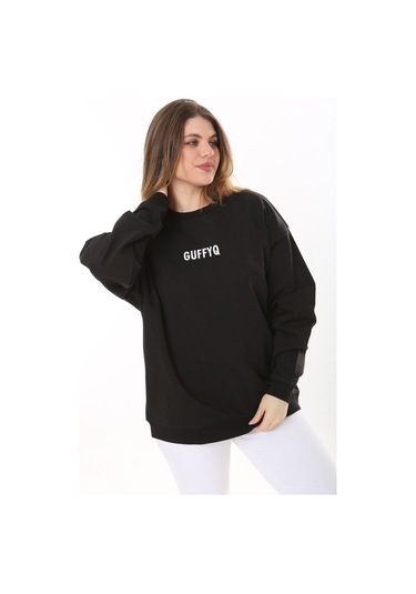 Kadın Büyük Beden Siyah Pamuk Kumaş Nakış Yazılı Sweatshirt 65n37616-siyah Siyah