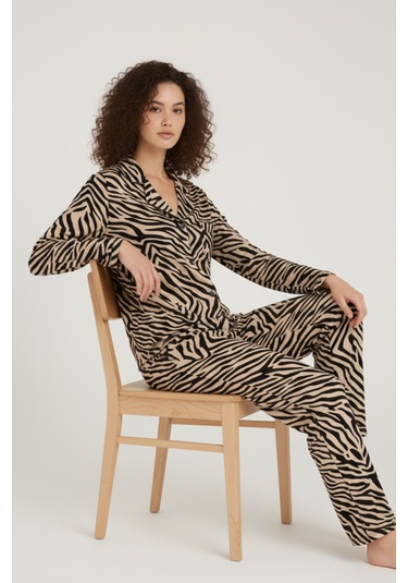Luxury Viscose Zebra Desenli Kadın Uzun Kollu Pijama Takımı 42570 Zebra