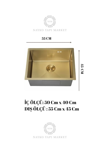 Dysnox Pax Serisi %100 Krom 45 x 50 CM Paslanmaz Mutfak Eviye Sifon Dahil Desensiz Altın