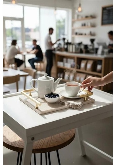 Akayev Traverten Mat Altın L Dizayn 30x20 Cm Tepsi Beyaz