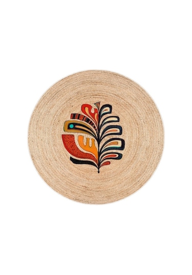 Zeminde Doğanın Ruhu: Renkli Motifli Hasır Görünümlü Kaymaz Taban Halı Bej