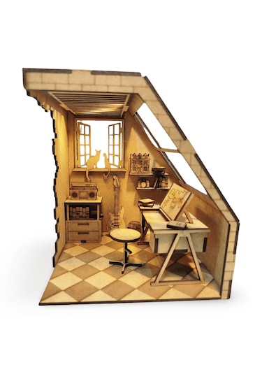 Mini Study Room Ahşap Maket Seti Dıy Book Nook Çalışma Odası Kitaplık Dekoru