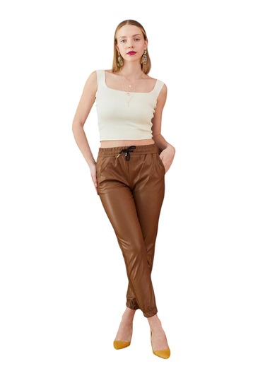 Paça Lastikli Deri Pantolon Taba
