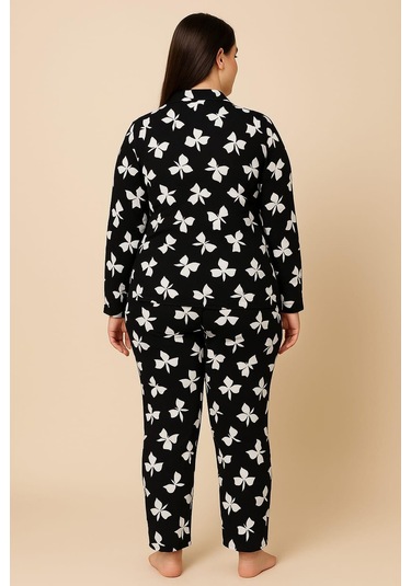 Kadın 20703 Büyük Beden Düğmeli Pijama Takımı Siyah Siyah