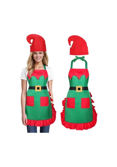 Kadın Noel Mutfak Önlüğü 2 Cepli Bayan Ayarlanabilir Aşçı Yeşil + Şapka, Tek Beden Diğer
