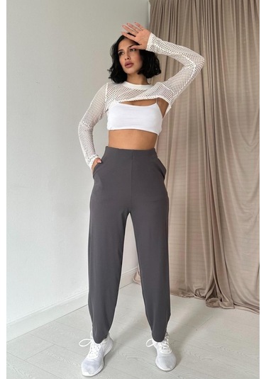 Modaserdem Füme Pensli Lastik Detaylı Pantolon Füme