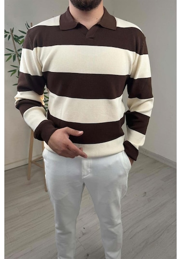 Explode - Erkek Ekru - Kahve Şerit Desenli Polo Yaka Oversize Triko Kazak Kahverengi