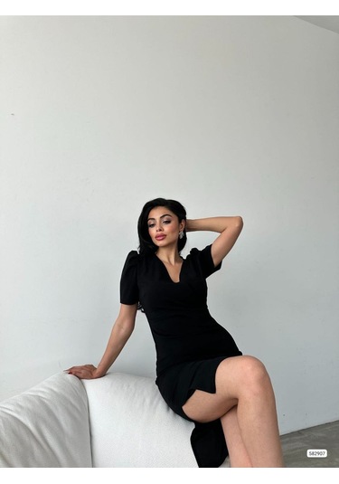 Soonaksesuar Kadın Kruvaze Yaka Yandan Yırtmaç Detaylı Scuba Krep Kumaş Midi Boy Elbise Siyah