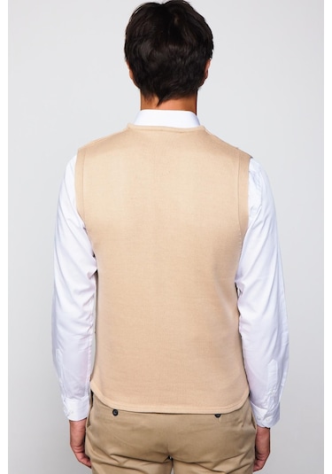 Tudors Slim Fit Kare Desenli Taş Rengi Erkek Yelek-29711-Taş